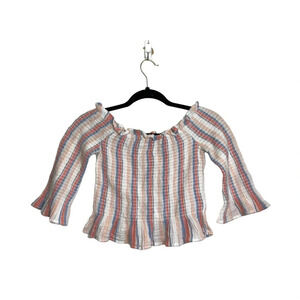 American Eagle 100% Cotton Striped Smock Off the Shoulder Crop Top Small Women’s